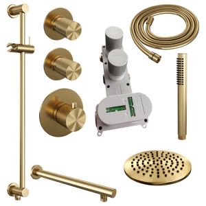 Brauer Carving 5-GG-109 thermostatic concealed rain shower SET 13 with 20 cm shower head and straight wall arm and rod hand shower and shower hose and integrated sliding bar gold brushed PVD