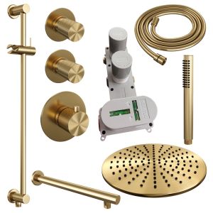 Brauer Carving 5-GG-110 thermostatic concealed rain shower SET 14 with 30 cm shower head and straight wall arm and rod hand shower and shower hose and integrated sliding bar gold brushed PVD