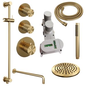 Brauer Carving 5-GG-111 thermostatic concealed rain shower SET 15 with 20 cm shower head and curved wall arm and rod hand shower and shower hose and integrated sliding bar gold brushed PVD