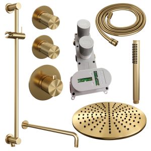 Brauer Carving 5-GG-112 thermostatic concealed rain shower SET 16 with 30 cm shower head and curved wall arm and rod hand shower and shower hose and integrated sliding bar gold brushed PVD