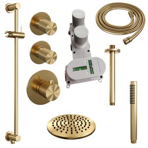 Brauer Carving 5-GG-113 thermostatic concealed rain shower SET 17 with 20 cm shower head and ceiling arm and rod hand shower and shower hose and integrated sliding bar gold brushed PVD