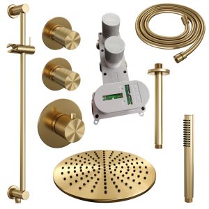 Brauer Carving 5-GG-114 thermostatic concealed rain shower SET 18 with 30 cm shower head and ceiling arm and rod hand shower and shower hose and integrated sliding bar gold brushed PVD