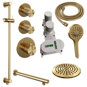 Brauer Carving 5-GG-115 thermostatic concealed rain shower SET 19 with 20 cm shower head and straight wall arm and 3-position hand shower and shower hose and integrated sliding bar gold brushed PVD