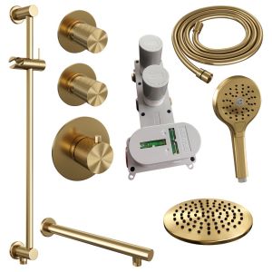 Brauer Carving 5-GG-115 thermostatische inbouw regendouche SET 19 met 20 cm douchekop en rechte muurarm en 3-standen handdouche en doucheslang en geïntegreerde glijstang goud geborsteld PVD