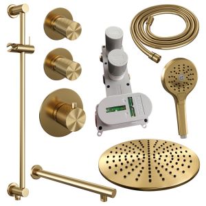 Brauer Carving 5-GG-116 thermostatische inbouw regendouche SET 20 met 30 cm douchekop en rechte muurarm en 3-standen handdouche en doucheslang en geïntegreerde glijstang goud geborsteld PVD