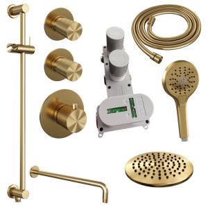 Brauer Carving 5-GG-117 thermostatic concealed rain shower SET 21 with 20 cm shower head and curved wall arm and 3-position hand shower and shower hose and integrated sliding bar gold brushed PVD