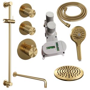 Brauer Carving 5-GG-117 thermostatische inbouw regendouche SET 21 met 20 cm douchekop en gebogen muurarm en 3-standen handdouche en doucheslang en geïntegreerde glijstang goud geborsteld PVD