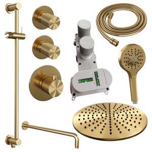 Brauer Carving 5-GG-118 thermostatic concealed rain shower SET 22 with 30 cm shower head and curved wall arm and 3-position hand shower and shower hose and integrated sliding bar gold brushed PVD