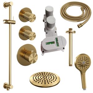 Brauer Carving 5-GG-119 thermostatic concealed rain shower SET 23 with 20 cm shower head and ceiling arm and 3-position hand shower and shower hose and integrated sliding bar gold brushed PVD