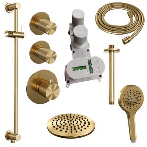 Brauer Carving 5-GG-119 thermostatische inbouw regendouche SET 23 met 20 cm douchekop en plafondarm en 3-standen handdouche en doucheslang en geïntegreerde glijstang goud geborsteld PVD