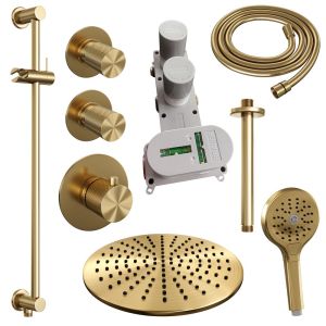 Brauer Carving 5-GG-120 thermostatic concealed rain shower SET 24 with 30 cm shower head and ceiling arm and 3-position hand shower and shower hose and integrated sliding bar gold brushed PVD