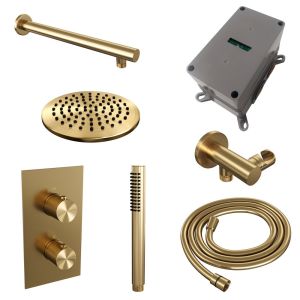 Brauer Carving 5-GG-121 thermostatic concealed rain shower 3-way diverter SET 25 with 20 cm shower head and straight wall arm and rod hand shower and shower hose and wall connector elbow gold brushed PVD