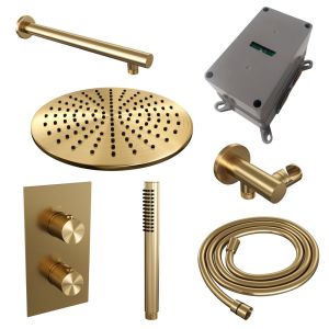 Brauer Carving 5-GG-122 thermostatic concealed rain shower 3-way diverter SET 26 with 30 cm shower head and straight wall arm and rod hand shower and shower hose and wall connector elbow gold brushed PVD