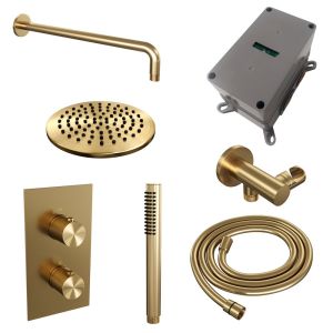 Brauer Carving 5-GG-123 thermostatic concealed rain shower 3-way diverter SET 27 with 20 cm shower head and curved wall arm and rod hand shower and shower hose and wall connector elbow gold brushed PVD