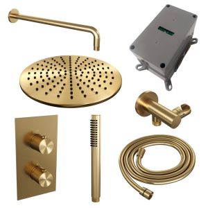 Brauer Carving 5-GG-124 thermostatic concealed rain shower 3-way diverter SET 28 with 30 cm shower head and curved wall arm and rod hand shower and shower hose and wall connector elbow gold brushed PVD
