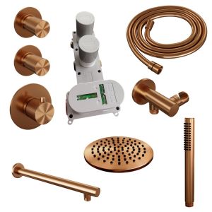 Brauer Carving 5-GK-097 thermostatic concealed rain shower SET 01 with 20 cm shower head and straight wall arm and rod hand shower and shower hose and wall connection elbow copper brushed PVD