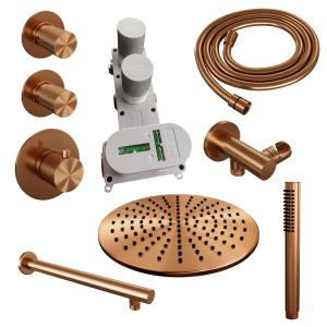 Brauer Carving 5-GK-098 thermostatic concealed rain shower SET 02 with 30 cm shower head and straight wall arm and rod hand shower and shower hose and wall connection elbow copper brushed PVD