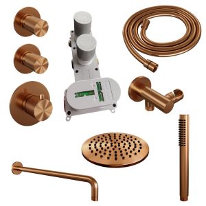 Brauer Carving 5-GK-099 thermostatic concealed rain shower SET 03 with 20 cm shower head and curved wall arm and rod hand shower and shower hose and wall connection elbow copper brushed PVD
