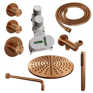 Brauer Carving 5-GK-100 thermostatic concealed rain shower SET 04 with 30 cm shower head and curved wall arm and rod hand shower and shower hose and wall connection elbow copper brushed PVD