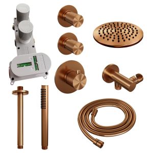 Brauer Carving 5-GK-101 thermostatic concealed rain shower SET 05 with 20 cm shower head and ceiling arm and rod hand shower and shower hose and wall connection elbow copper brushed PVD
