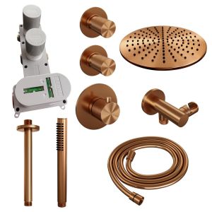 Brauer Carving 5-GK-102 thermostatic concealed rain shower SET 06 with 30 cm shower head and ceiling arm and rod hand shower and shower hose and wall connection elbow copper brushed PVD