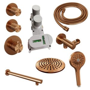 Brauer Carving 5-GK-103 thermostatic concealed rain shower SET 07 with 20 cm shower head and straight wall arm and 3-position hand shower and shower hose and wall connection elbow copper brushed PVD