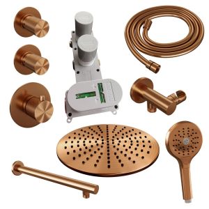 Brauer Carving 5-GK-104 thermostatic concealed rain shower SET 08 with 30 cm shower head and straight wall arm and 3-position hand shower and shower hose and wall connection elbow copper brushed PVD