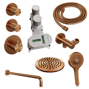 Brauer Carving 5-GK-105 thermostatic concealed rain shower SET 09 with 20 cm shower head and curved wall arm and 3-position hand shower and shower hose and wall connection elbow copper brushed PVD
