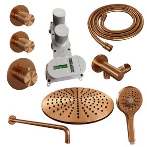 Brauer Carving 5-GK-106 thermostatic concealed rain shower SET 10 with 30 cm shower head and curved wall arm and 3-position hand shower and shower hose and wall connection elbow copper brushed PVD