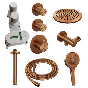 Brauer Carving 5-GK-107 thermostatic concealed rain shower SET 11 with 20 cm shower head and ceiling arm and 3-position hand shower and shower hose and wall connection elbow copper brushed PVD