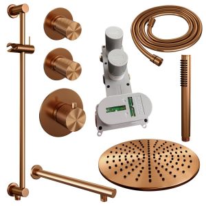 Brauer Carving 5-GK-110 thermostatic concealed rain shower SET 14 with 30 cm shower head and straight wall arm and rod hand shower and shower hose and integrated sliding bar copper brushed PVD