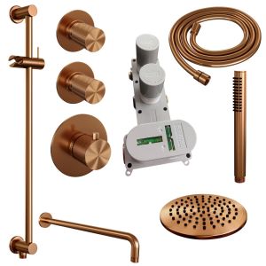 Brauer Carving 5-GK-111 thermostatic concealed rain shower SET 15 with 20 cm shower head and curved wall arm and rod hand shower and shower hose and integrated sliding bar copper brushed PVD