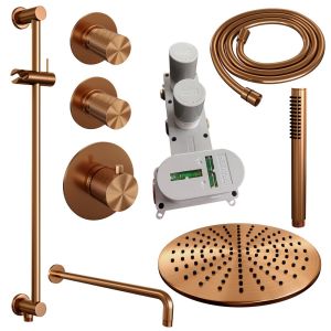 Brauer Carving 5-GK-112 thermostatic concealed rain shower SET 16 with 30 cm shower head and curved wall arm and rod hand shower and shower hose and integrated sliding bar copper brushed PVD