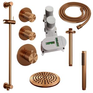 Brauer Carving 5-GK-113 thermostatic concealed rain shower SET 17 with 20 cm shower head and ceiling arm and rod hand shower and shower hose and integrated sliding bar copper brushed PVD