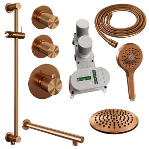 Brauer Carving 5-GK-115 thermostatic concealed rain shower SET 19 with 20 cm shower head and straight wall arm and 3-position hand shower and shower hose and integrated sliding bar copper brushed PVD