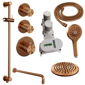 Brauer Carving 5-GK-117 thermostatic concealed rain shower SET 21 with 20 cm shower head and curved wall arm and 3-position hand shower and shower hose and integrated sliding bar copper brushed PVD