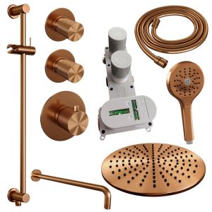 Brauer Carving 5-GK-118 thermostatische inbouw regendouche SET 22 met 30 cm douchekop en gebogen muurarm en 3-standen handdouche en doucheslang en geïntegreerde glijstang koper geborsteld PVD