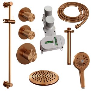 Brauer Carving 5-GK-119 thermostatic concealed rain shower SET 23 with 20 cm shower head and ceiling arm and 3-position hand shower and shower hose and integrated sliding bar copper brushed PVD