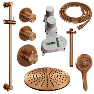 Brauer Carving 5-GK-120 thermostatische inbouw regendouche SET 24 met 30 cm douchekop en plafondarm en 3-standen handdouche en doucheslang en geïntegreerde glijstang koper geborsteld PVD