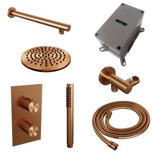 Brauer Carving 5-GK-121 thermostatic concealed rain shower 3-way diverter SET 25 with 20 cm shower head and straight wall arm and rod hand shower and shower hose and wall connector elbow copper brushed PVD