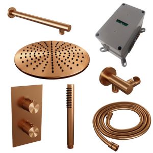 Brauer Carving 5-GK-122 thermostatic concealed rain shower 3-way diverter SET 26 with 30 cm shower head and straight wall arm and rod hand shower and shower hose and wall connector elbow copper brushed PVD