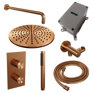 Brauer Carving 5-GK-124 thermostatic concealed rain shower 3-way diverter SET 28 with 30 cm shower head and curved wall arm and rod hand shower and shower hose and wall connector elbow copper brushed PVD