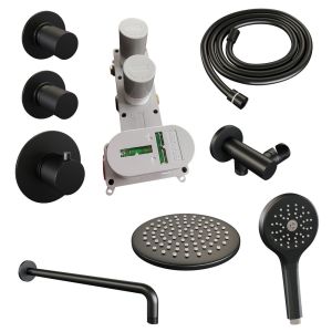 Brauer Carving 5-S-105 thermostatische inbouw regendouche SET 09 met 20 cm douchekop en gebogen muurarm en 3-standen handdouche en doucheslang en wandaansluitbocht mat zwart