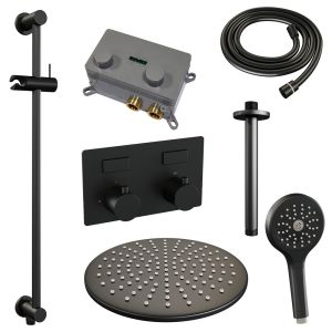 Brauer Edition 5-S-183 thermostatic concealed rain shower with push buttons SET 72 with 30 cm shower head and ceiling arm and 3-position hand shower and shower hose and integrated sliding bar matt black