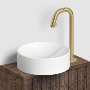 Clou Kaldur CL060500582R stehend Handwaschbeckenarmatur mit kurzem Auslauf, hohe Version, Gold gebürstet PVD