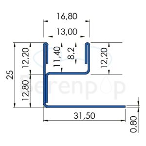 Blanke Aqua Glas 204280B210 glasprofiel 2100x25x12mm RVS geborsteld geborsteld