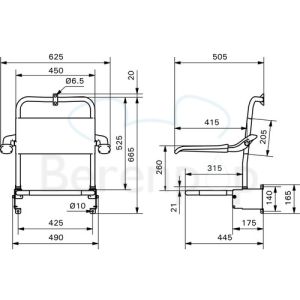Handicare (Linido) LI2203001402 Duschsitz (mit verkürzter Sitztiefe) mit Rückenlehne und Armlehnen edelstahlbeschichtet weiß