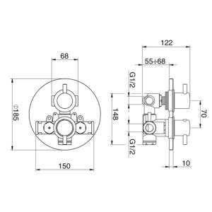 Pure Duero DU5426 recessed thermostat with 3 outlets chrome