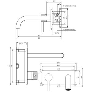 Brauer Carving 5-GG-083-B6 inbouw wastafelmengkraan met gebogen uitloop en afdekplaat model A2 goud geborsteld PVD