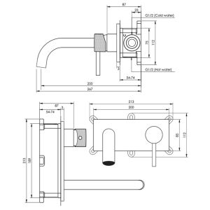 Brauer Carving 5-NG-004-B6 Unterputz-Waschtischbatterie mit gebogenem Auslauf und Abdeckplatte Modell A1 Edelstahl gebürstet PVD